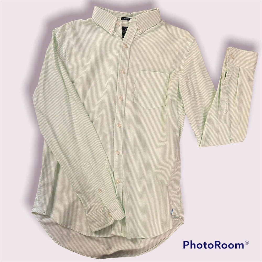 Mens American Eagle Slim Fit Long Sleeve Striped Button Front Shirt Size Medium